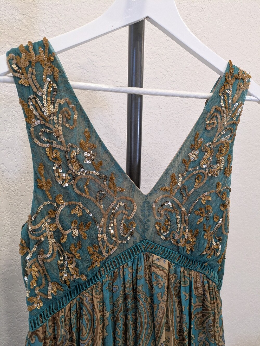 Anthropologie Teal Paisley Maxi Dress with Gold Accents - Picture 5 of 14